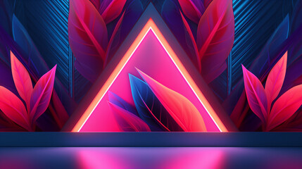 Canvas Print - Neon abstract background with copy space. Neon leaves with a triangle in the middle. 