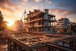 Marvelous Sunset Scene: Construction site aglow with the silhouette of structural steel beams, crafting grand residential buildings against a breathtaking sunset backdrop