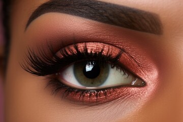 Poster - Beautiful macro shot of female African American green eyes with peach fuzz eyeshadows