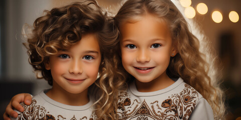 Happy Girl and Boy in Christmas Sweaters at Home. Two Adorable Curly-Haired Children, brother and sister, in a Cozy Setting, Smiling Happily, Embodying the Warmth and Joy of Childhood