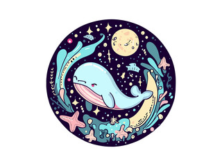 Sticker - Watercolor Blue Whale with Underwater Seascape Vector Illustration Clipart