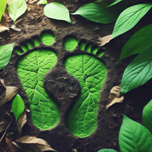 Green Footprints On The Ground Among The Leaves - The Concept Of Human Footprint In Ecology. Ai Generative