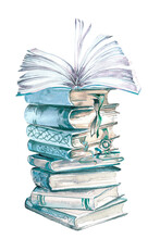 Watercolor Hand Painted Book Stack With Flowers Illustration Isolated On A White Background.Books Design.Student Concept Design.