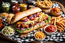 An Appetizing Close-up Of A Loaded  Dog With Colorful Condiments And A Side Of Zesty Coleslaw, Presented On A Checkered Paper Tray