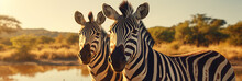 Closeup Portrait Of Two Zebras In Blurred African Landscape Looking At The Camera. Ideal As Web Banner Or In Social Media.