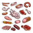 Set meat products. Brisket,  sausage, steak, chicken leg, ribs  wing,  carcass and breast halves. Vintage color vector engraving illustration. Isolated on white background
