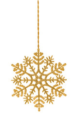 Wall Mural - Hanging golden glitter snowflake isolated on transparent background