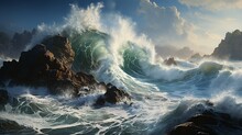 A Dynamic Ocean Scene, Featuring Waves Crashing Against Rugged Cliffs, As Sea Spray Fills The Air, Capturing The Raw Power And Beauty Of The Relentless Coastal Forces