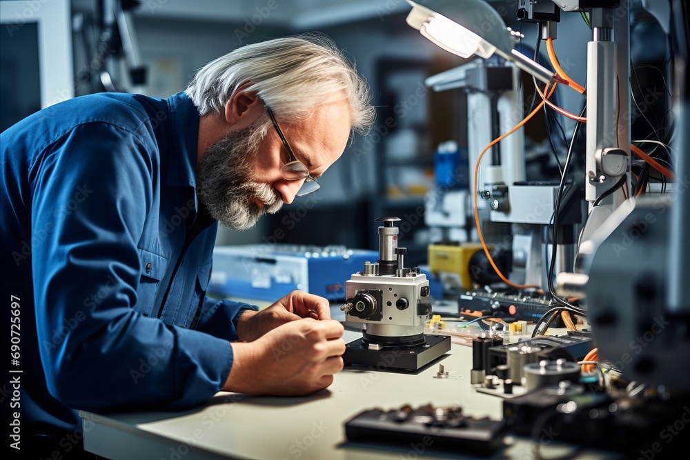 Engineer conducting high-frequency vibration tests on materials ...