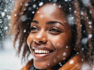 Wall Mural - Black woman with curvy hair face closeup portrait, smiling face. Snow falling on her face. Winter holiday season. 