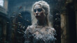 A ghostly blue-eyed girl in a tattered Victorian dress stands in the moonlit courtyard of an ancient ivy-covered mansion. Her hair is silvery white.	