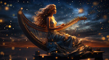 Girl Playing Harp On A Floating Platform Among Constellations. Her Dress Is Decorated With Celestial Patterns.	