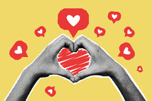 Social Media Like Icons With Halftone Hands Making Heart Shape Collage Banner. Modern Grunge Elements Cut Out From Magazine. Popularity, Feedback, Influence. Vector Illustration