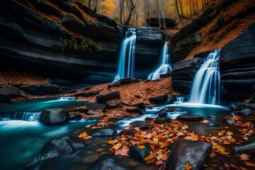 Poster - fall leaves cover terraced rocks in gorge with stunning blue water buckets and waterfalls 