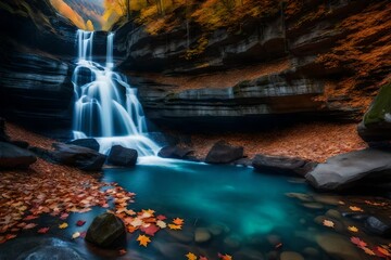 Poster - fall leaves cover terraced rocks in gorge with stunning blue water buckets and waterfalls 