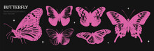 Pink Butterflies With A Retro Photocopy Effect. Y2k Elements For Design. Grain Effect And Stippling. Vector Dots Texture.	