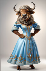 Wall Mural - Anthropomorphic caricature buffalo Wearing a cinderella-dress clothing, standing, full body view, isolated on white paper background