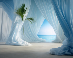 fabric and palms in the air, in the style of minimalist staging, luminous 3d objects 