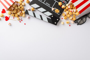 Wall Mural - Love is in the air on Valentine's Day: Top view clapperboard, 3D glasses, popcorn, heart decor, marshmallow, and sprinkles on white backdrop. Create memories with cinematic charm