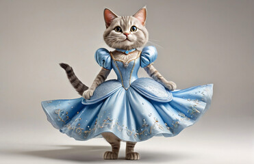 Wall Mural - Anthropomorphic caricature caT Wearing a cinderella-dress clothing, standing, full body view, isolated on white paper background