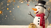 Snowman With Blank Banner, Golden Confetti Falling. Happy New Year. Merry Christmas Animated Greeting Card