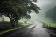 Countryside road drenched in extreme heavy rain. Generative AI