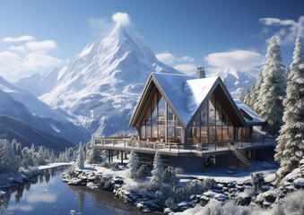 Modern scandinavian chalet house on ski resort with snow and mountains view on sunny afternoon.Macro.AI Generative.