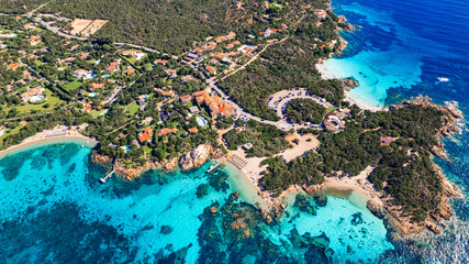 Canvas Print - Italy summer holidyas . Sardegna island - stunning Emerald coast (costa smeralda) with most beautiful beaches - Celvia, Capriccioli, Elefante. Aerial drone view