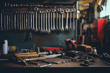 Wall Mural - Automotive repair service with tools kit on table. Generative AI