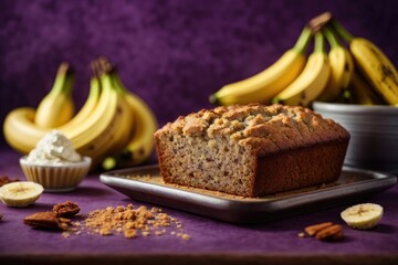 Banana bread on the table on purple background, banana cake with nuts, Banana cake with almonds, bread and banana, bread with banana, Banana muffins, homemade banana pie, banana bread with raisins