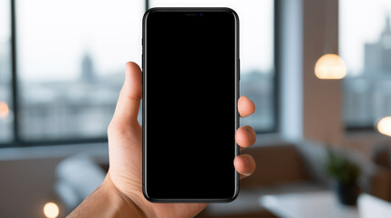 Poster - Hand holding a smartphone with a blank screen, against a blurred background.