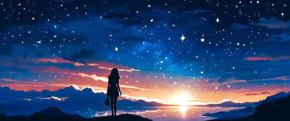 Colorful landscape illustration with night sky with stars and silhouette of a girl on hill on the background