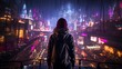 beautiful young woman in a cyberpunk city with neon colors