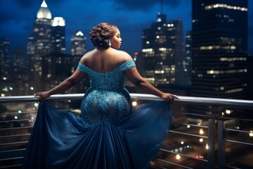 glamorous plus-size woman poses at night, her dress adorned with lights, with a city skyline in the background