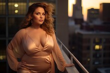 Young Plus-size  Woman Dancing On A Rooftop At Sunset