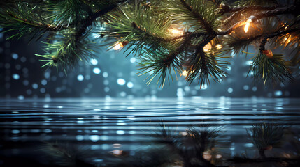 Wall Mural - A christmas tree branch with lights reflected in water on a transparent background with a checkered background and a border of lights