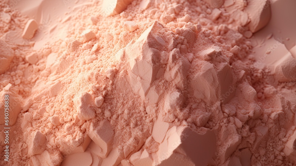 Finely milled cosmetic powder in a luxurious Peach Fuzz 2024 hue spreads out, perfect for beauty and makeup themes.