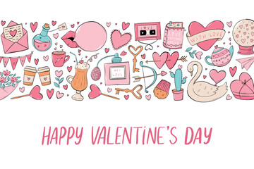 Wall Mural - Happy Valentine's day lettering quote decorated with horizontal border of doodles for cards, posters, invitations, templates, social media covers, banners, etc. EPS 10