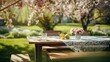 © Areesha - Spring Table With Trees In Blooming And Defocused Sunny Garden In Background