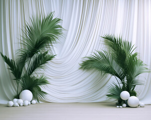 Wall Mural - Green podium mockup for product presentation decorated with palm leaves 3d rendering.
