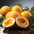 cut orange passionfruits mid air highest quality