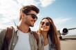 © Baba Images - Portrait of happy young couple on tarmac boarding plane