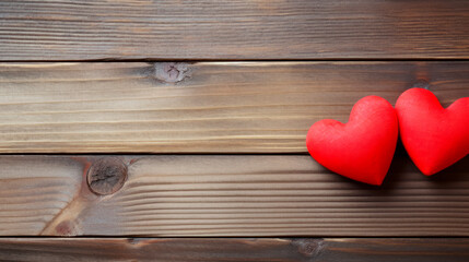 Wall Mural - two red wooden hearts on a blurred old wooden background, copy space. AI generated