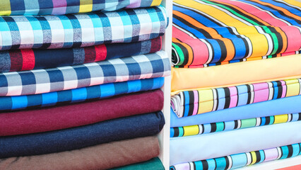 Poster - multi-colored patterned fabric lies on pegs in the store