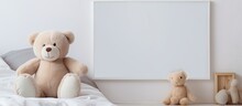Stuffed Animal Toy Banny And White Frame Mock Up Template For Card With Copyspace Blank For The Design Of Children S Ads. Copyspace Image. Header For Website Template