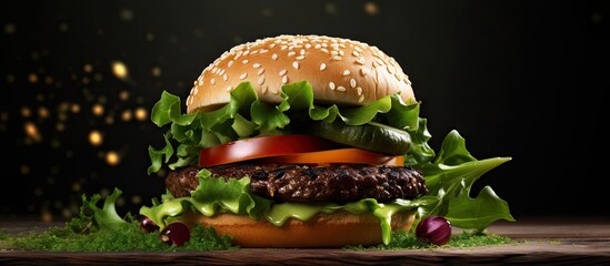 Leinwandbilder - Traditional homemade cheeseburger with arugula. Copyspace image. Header for website template