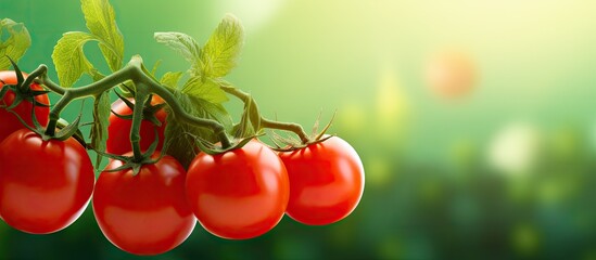 Poster - Three ripe tomatoes and several young ones on a green branch Home grown tomato vegetables Harvest autumn vegetables on organic farm. Copyspace image. Header for website template