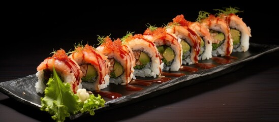 Fototapete - Traditional asian rice sushi healthy seafood Japanese cuisine fresh rolls sushi green dragon on black slate Copy space. Copyspace image. Header for website template