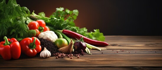 Wall Mural - Vegetables on wood Bio Healthy food herbs and spices Organic vegetables on wood. Copyspace image. Header for website template