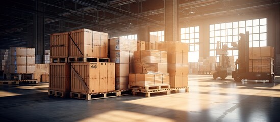 Wall Mural - shipment cartons box on pallets and wooden case on hand lift in interior warehouse cargo for export 